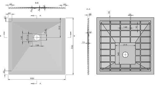 Technical image of Slate Trays Square Shower Tray With Waste 900x900mm (Anthracite).