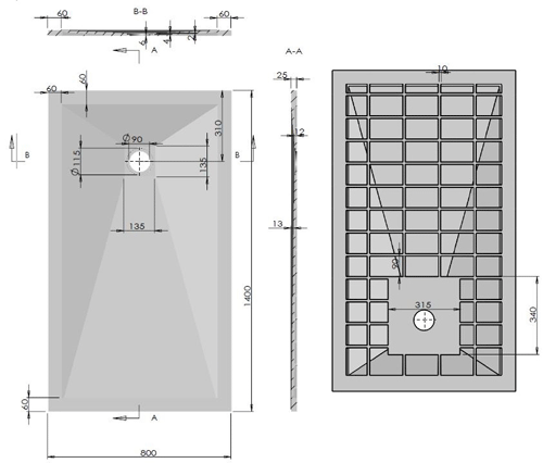 Technical image of Slate Trays Rectangular Shower Tray With Waste 1400x800mm (Anthracite).