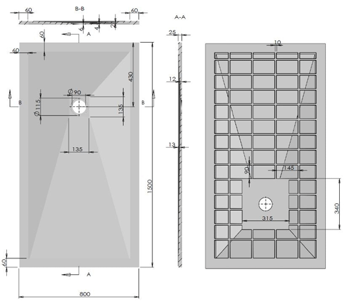 Technical image of Slate Trays Rectangular Shower Tray With Waste 1500x800mm (Anthracite).