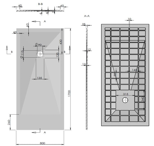 Technical image of Slate Trays Rectangular Shower Tray With Waste 1700x800mm (Anthracite).