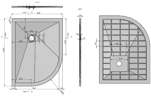 Technical image of Slate Trays Offset Quad Shower Tray With Waste 1200x900mm (White, LH).