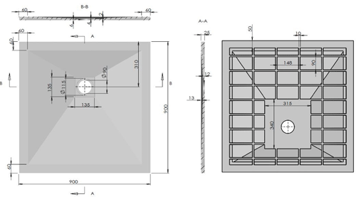 Technical image of Slate Trays Square Shower Tray With Waste 900x900mm (White).
