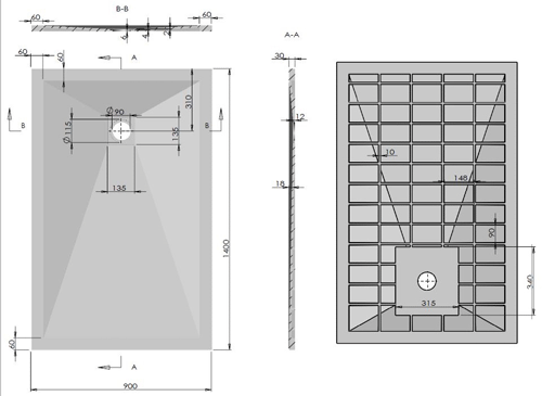 Technical image of Slate Trays Rectangular Shower Tray With Waste 1400x900mm (White).