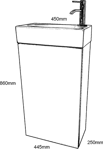 Technical image of Hydra Cloakroom Vanity Unit With Basin (Cappuccino), 450x860mm.