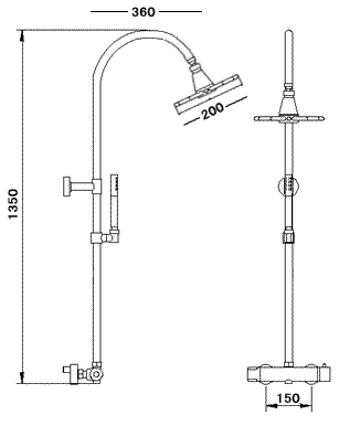 Technical image of Hydra Complete Manual Shower Set With Valve, Riser And Apron Head.