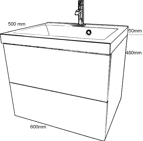 Technical image of Hydra Wall Hung Vanity Unit With Drawer & Basin (Cappuccino), 600x500mm.