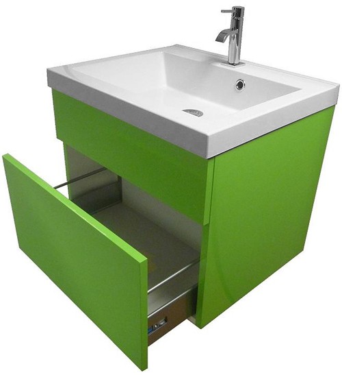 Example image of Hydra Wall Hung Vanity Unit With Drawer & Basin (Green), 600x500mm.