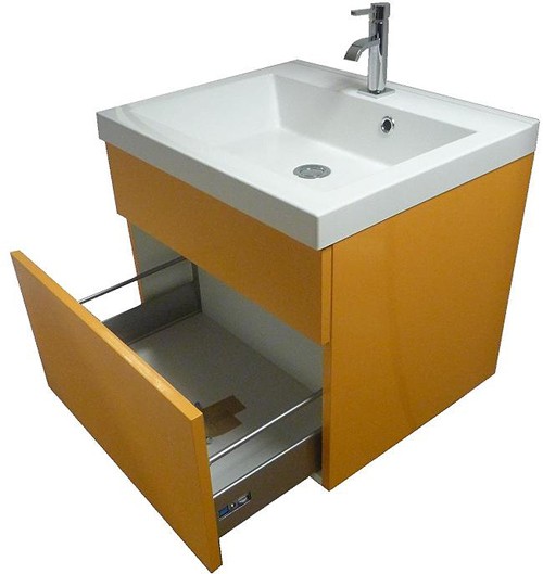 Example image of Hydra Wall Hung Vanity Unit With Drawer & Basin (Orange), 600x500mm.