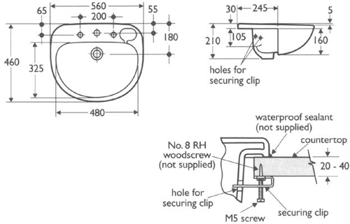 Technical image of Ideal Standard Studio 1 Tap Hole Semi Recess Basin. 560mm.
