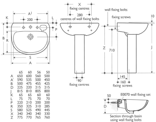 Technical image of Ideal Standard Studio 1 Tap Hole Basin And Pedestal. 560mm.