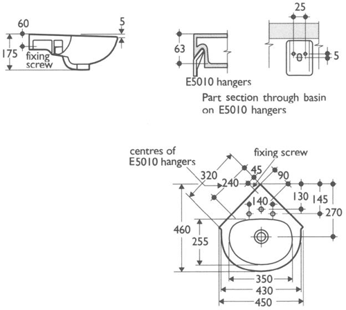 Technical image of Ideal Standard Studio 1 Tap Hole Corner Basin And Pedestal. 450mm.