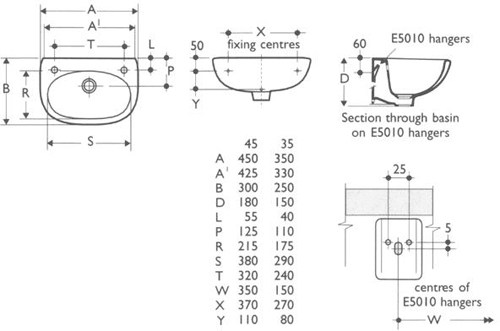 Technical image of Ideal Standard Studio 2 Tap Hole Wall Hung Basin With Hangers 455mm.