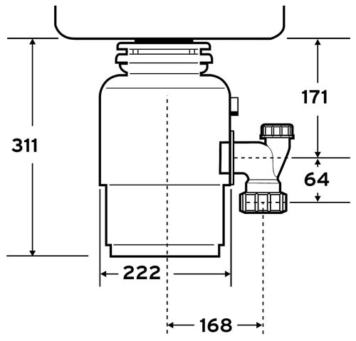 Technical image of InSinkErator Evolution E150 Continuous Feed Waste Disposal Unit.