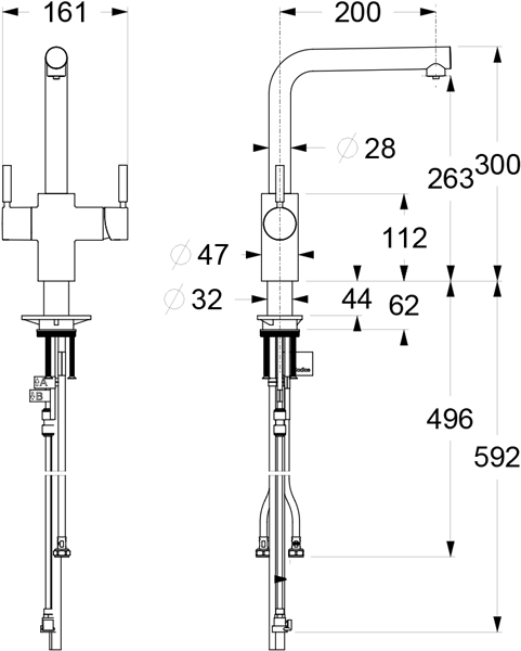 Technical image of InSinkErator Hot Water Boiling Hot & Cold Water Kitchen Tap (Jet Black).