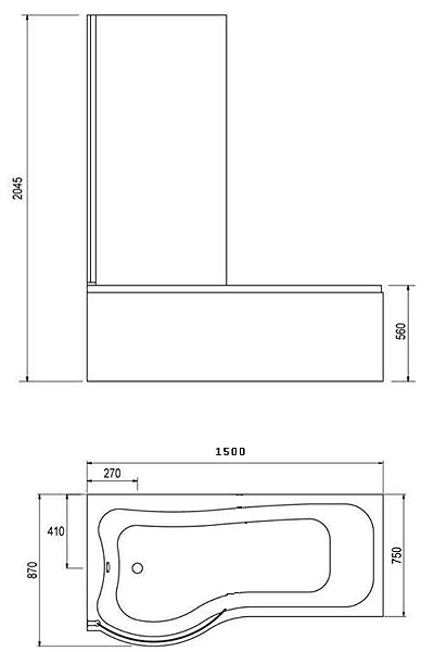 Technical image of Hydra Complete Shower Bath Suite (Right Hand). 1500x750mm.