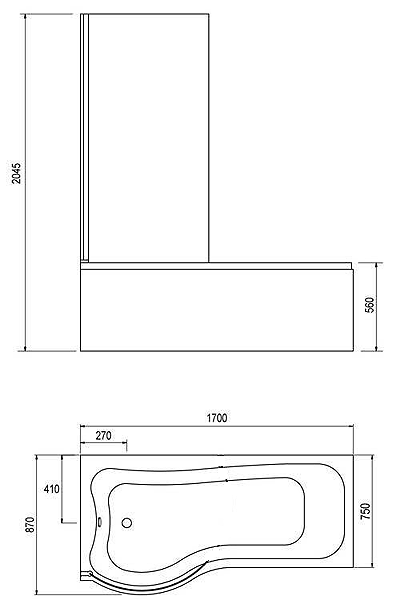 Technical image of Hydra Complete Shower Bath Suite (Left Hand). 1700x750mm.