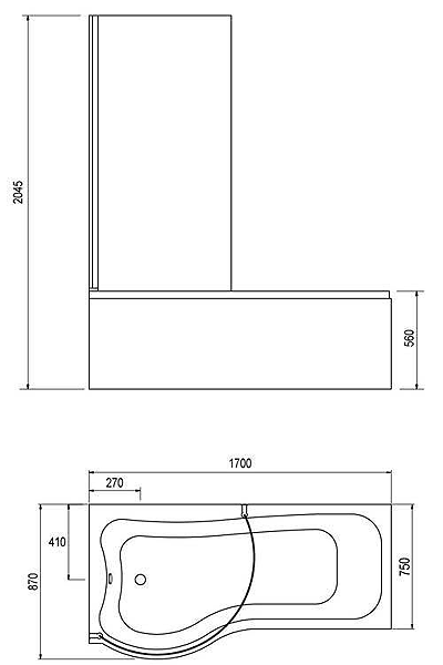 Technical image of Hydra Complete Shower Bath Suite With 2 Screens. (Left Hand). 1700x750mm.