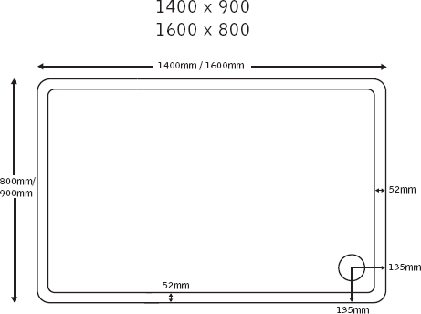 Technical image of JT40 Fusion Slimline Matt Rectangular Shower Tray. 1600x800x40mm.