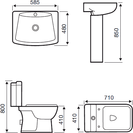Technical image of Hydra Elizabeth Suite With Toilet Pan. Cistern, Seat, Basin & Pedestal.