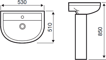 Technical image of Hydra Freedom Curved Basin With Pedestal. 530x510mm.