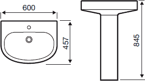 Technical image of Hydra Life Basin With Pedestal. 600x457mm.