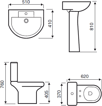 Technical image of Hydra Revive Suite With Toilet Pan. Cistern, Seat, Basin & Pedestal.