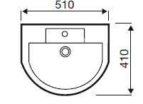 Technical image of Hydra Curved Basin With Wall Mounting Semi Pedestal. 510x410mm.