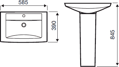 Technical image of Hydra Verve Square Basin With Pedestal. 585x390mm.