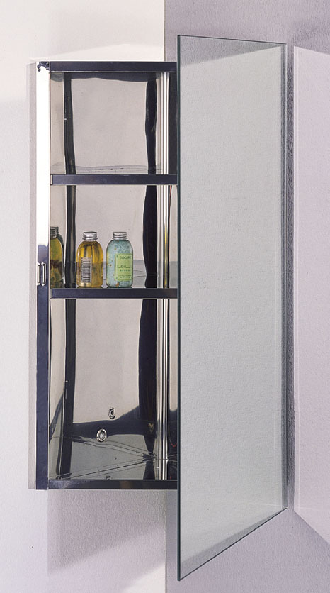 Example image of Hudson Reed Arklow stainless steel corner mirror bathroom cabinet.