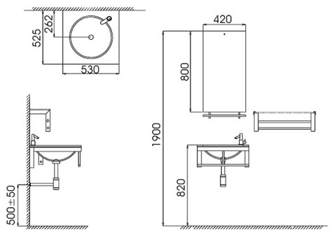 Technical image of Lucy Fife wall hung glass basin set.