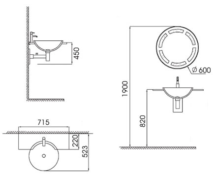 Technical image of Lucy Helsby wall hung glass basin set.