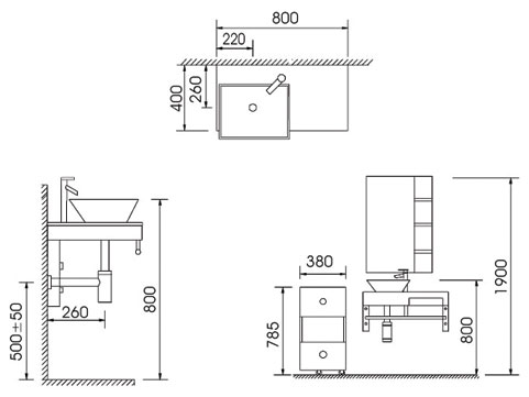 Technical image of Lucy Maldon compete wall hung glass basin set with two cabinets.