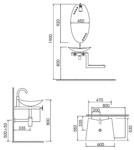 Technical image of Lucy Newquay wall hung glass basin set.