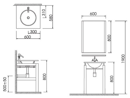 Technical image of Lucy Plymouth glass basin set and illuminated mirror.