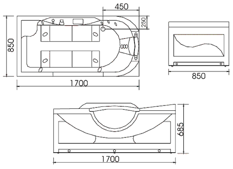 Technical image of Lucy Potes 1700mm luxury whirlpool bath