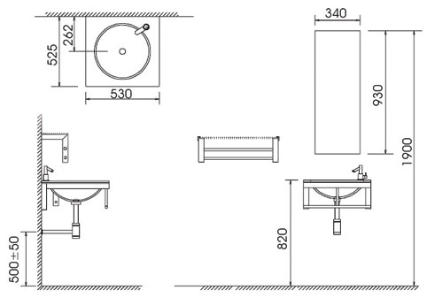 Technical image of Lucy Preston wall hung dark glass basin set.