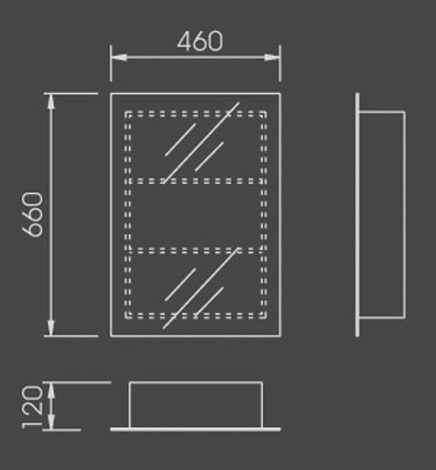 Technical image of Ultra Cabinets Austin mirror bathroom cabinet, sliding door.  460-860mm.