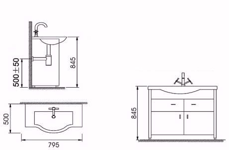 Technical image of Lucy Yardley 800mm white vanity unit and basin