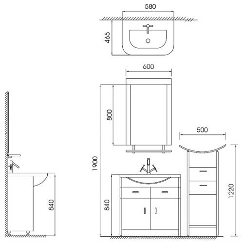 Technical image of Lucy Yeovil complete vanity unit set.