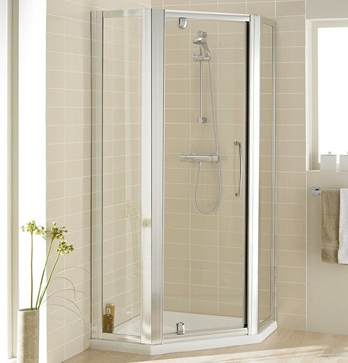 Larger image of Lakes Classic Pentagon Semi-Frameless Enclosure, Pivot Door & Tray (Silver).