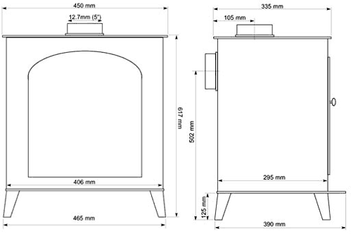 Technical image of La Hacienda Stoves Chester Wood Burning Stove.  617x465mm. 6.5kW