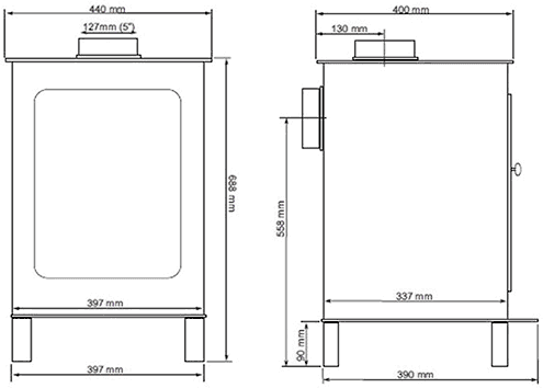 Technical image of La Hacienda Stoves Glevum Wood Burning Stove.  688x397mm. 6.5kW