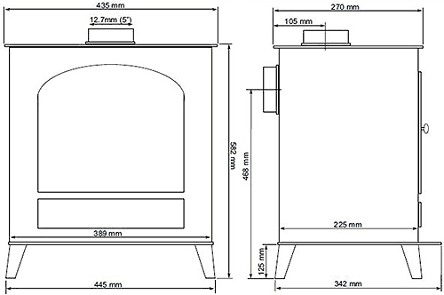 Technical image of La Hacienda Stoves Lincoln Wood Burning Stove.  582x445mm. 5kW.