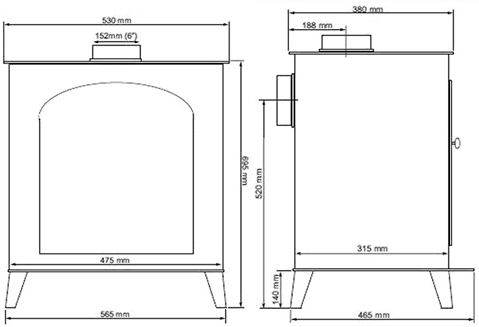 Technical image of La Hacienda Stoves Warwick Wood Burning Stove.  695x565mm. 9kW.