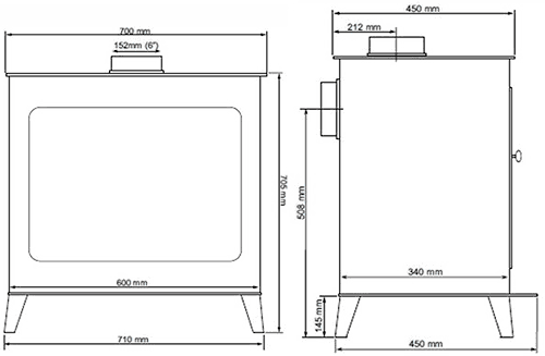 Technical image of La Hacienda Stoves Woburn Wood Burning Stove.  705x710mm. 9.5kW