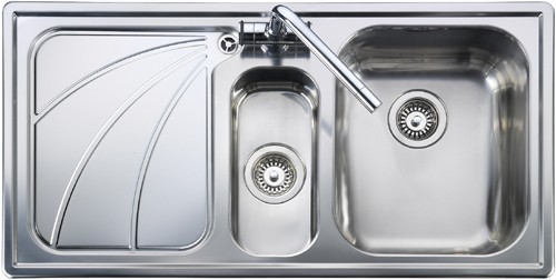 Larger image of Rangemaster Chicago 1.5 bowl stainless steel kitchen sink with left hand drainer.