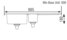 Technical image of Rangemaster Cubix 1.5 bowl granite onyx finish kitchen sink. Reversible.