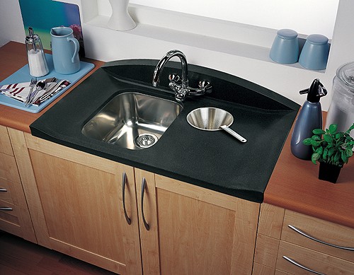 Example image of Rangemaster Roma Gemini 1.25 Bowl Neostone Sink, Right Hand Drainer.