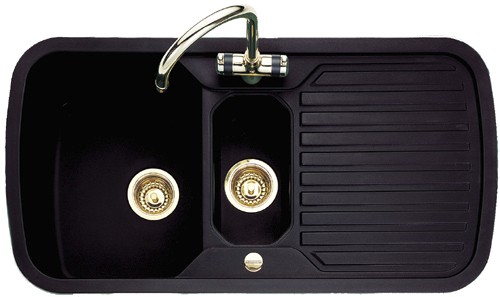 Larger image of Rangemaster RangeStyle 1.5 Bowl Black Sink With Brass Tap & Waste.
