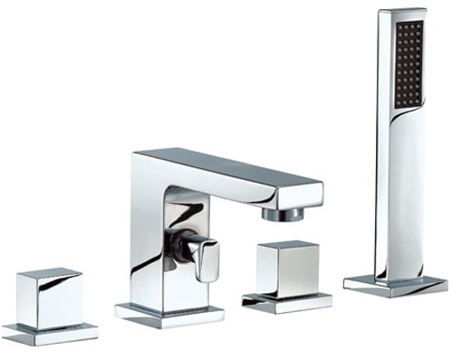 Larger image of Mayfair Blox 4 Tap Hole Bath Shower Mixer Tap With Shower Kit (Chrome).